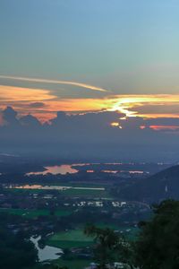 High angle view of landscape against sky during sunset