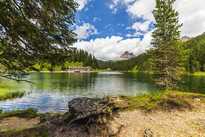 Scenic view of lake in forest against sky