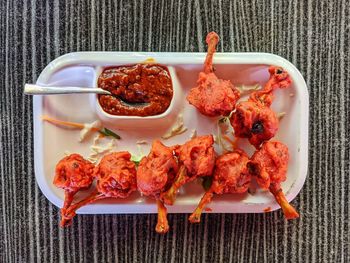 High angle view of food served on table