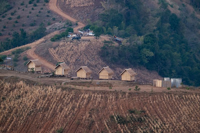 High angle view of trees on field against buildings