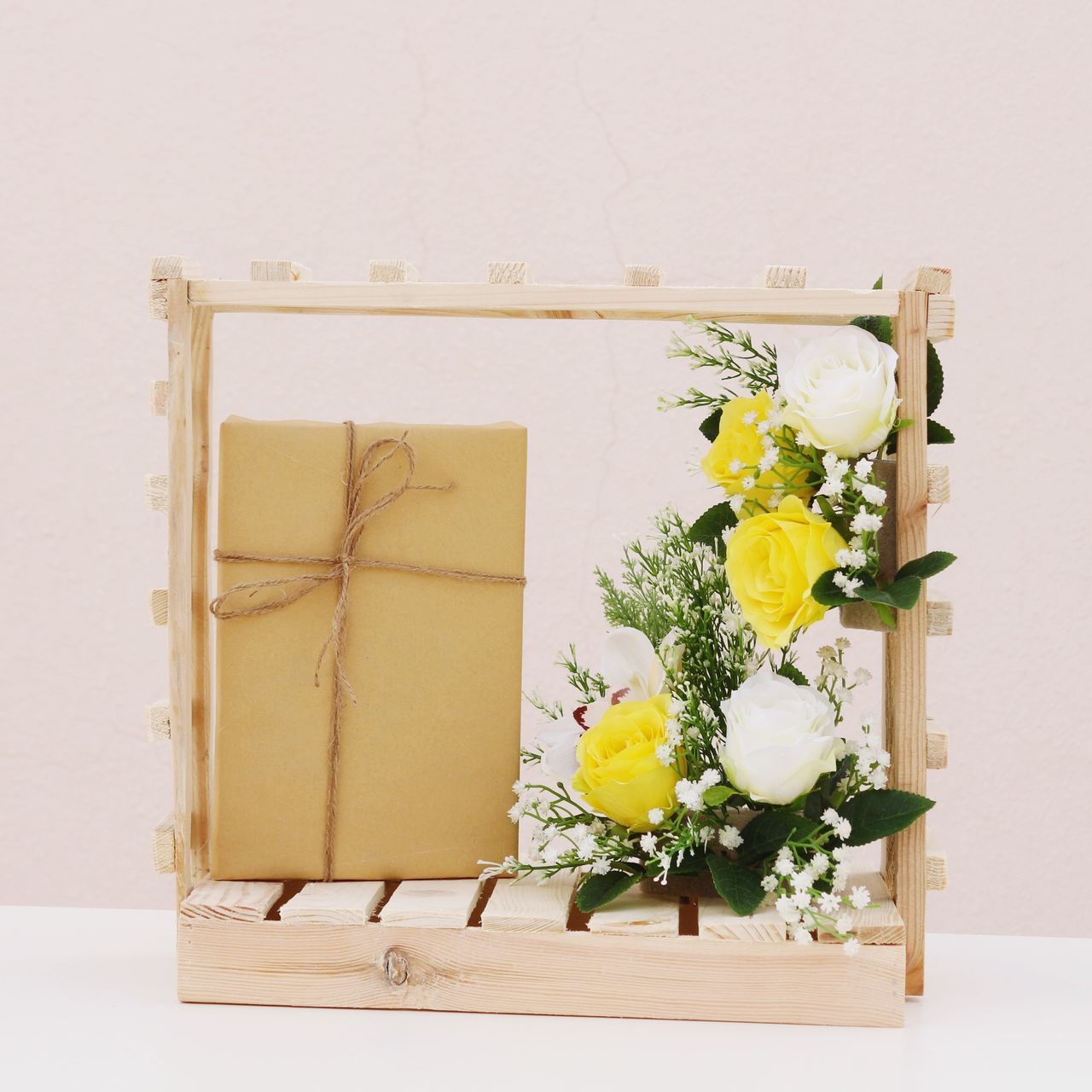 flower, no people, box - container, yellow, indoors, white background, bouquet, freshness, fragility, nature, flower head, close-up, day