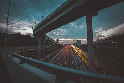 Train on railroad tracks against sky during sunset