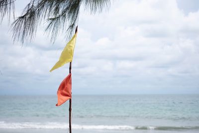 Flag on beach against sky