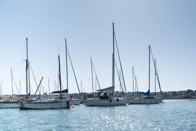 Sailboats moored in sea against clear sky