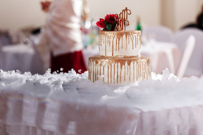 Close-up of christmas cake on table