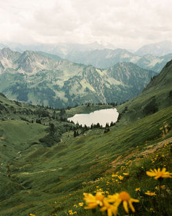 Scenic view of mountain lake somewhere near oberstdorf, germany. shot on 35mm kodak portra 800 film.