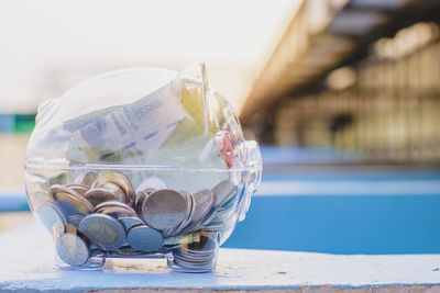 Close-up of coins on table