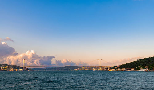 Scenic view of bay against sky