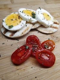 High angle view of strawberries on table