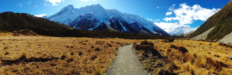 Panoramic view of snowcapped mountains against sky