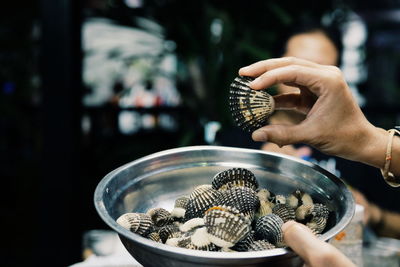 Cropped hand of woman holding clams in container