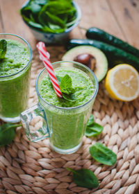 Close-up of green smoothie in a glass with fresh mint