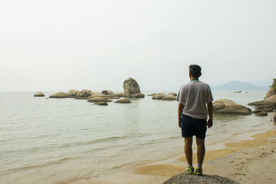 Rear view of man looking at sea shore against sky