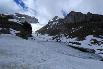 Scenic view of snowcapped mountains against sky