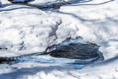 High angle view of frozen sea shore