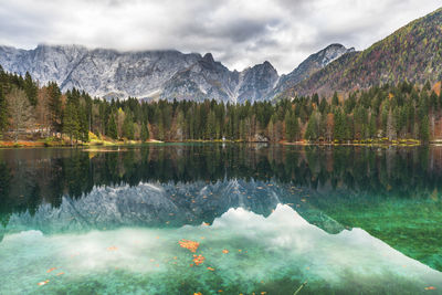 Scenic view of lake and mountains against sky