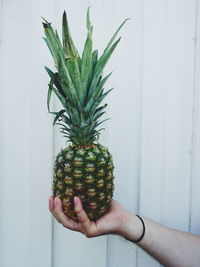 Cropped hand of person holding pineapple against wall