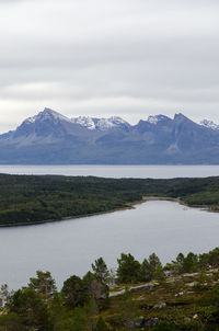 Scenic view of lake and mountains against sky