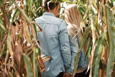 Couple holding hands while standing amidst plants