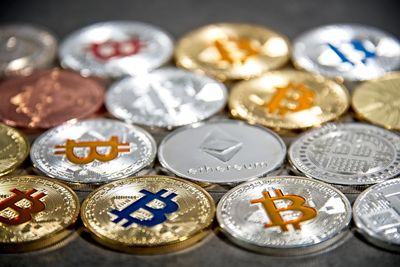 High angle view of coins on table