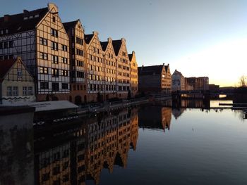 Buildings by river against sky in city