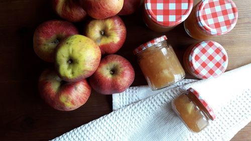 High angle view of apples on table