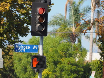 Road sign against trees