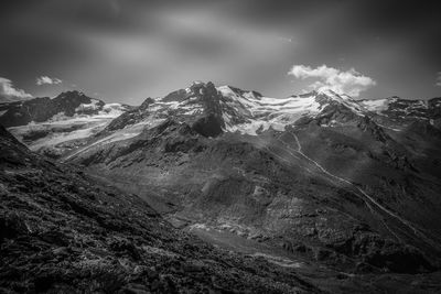 Black and white panorama of the glaciers in the palla bianca peaks region