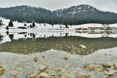 Scenic view of lake by snowcapped mountains during winter