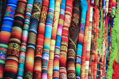 Full frame shot of colorful fabrics for sale at market