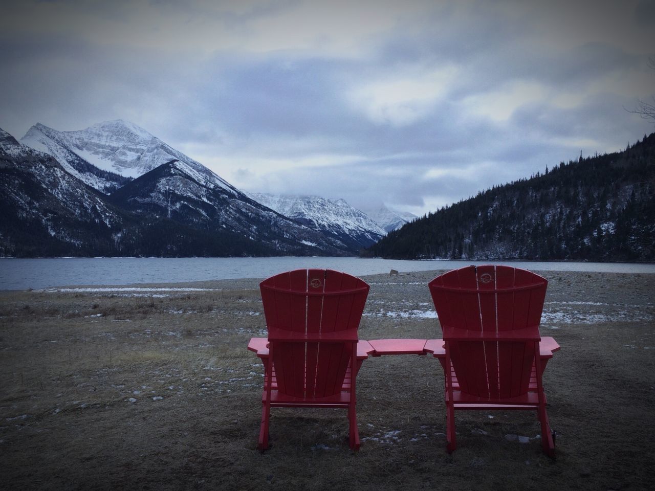 mountain, mountain range, sky, tranquility, tranquil scene, snow, winter, cold temperature, scenics, empty, cloud - sky, weather, beauty in nature, absence, chair, nature, bench, lake, season, cloud