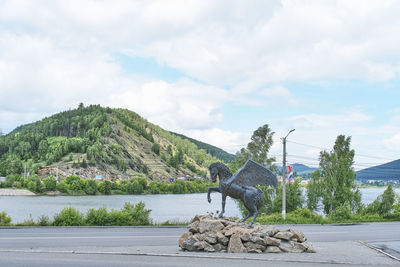 Sculpture of mythical winged horse. mount kosotur, zlatoust, russia.