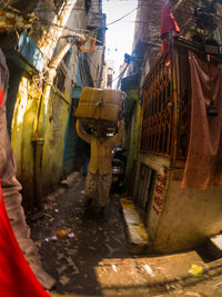 Rear view of people walking on street in city