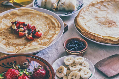 High angle view of breakfast on table