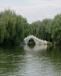 Arch bridge over river against sky