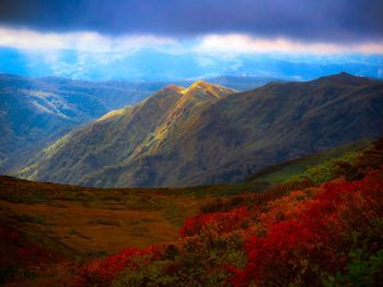 Scenic view of mountains against sky during autumn