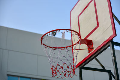 Low angle view of basketball hoop against clear sky