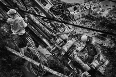 High angle view of men working at site