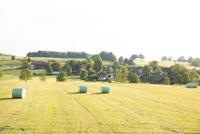 Hay bales on field against clear sky