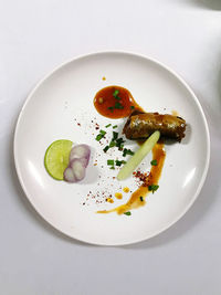 High angle view of breakfast in plate on table