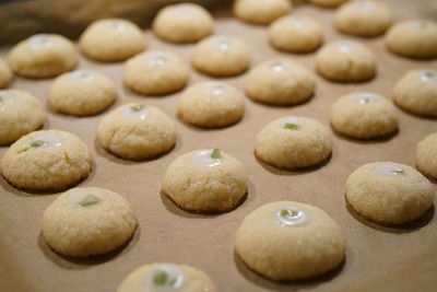 High angle view of cookies