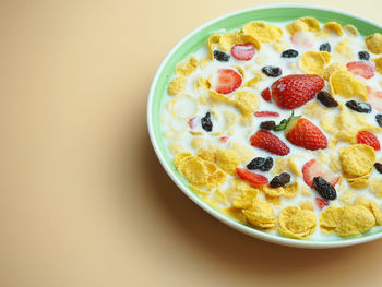 High angle view of breakfast served on table