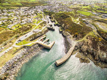 High angle view of river amidst city