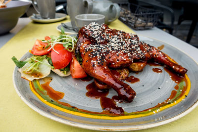 Close-up of food in plate on table