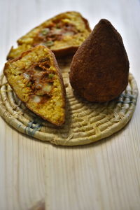 High angle view of bread in plate on table