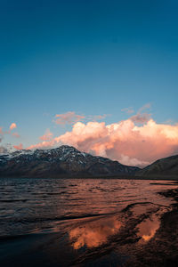 Scenic view of lake by snowcapped mountains against sky during sunset the andes argentina