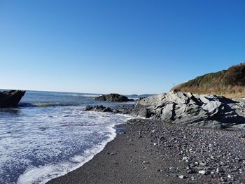 Scenic view of sea against clear blue sky
