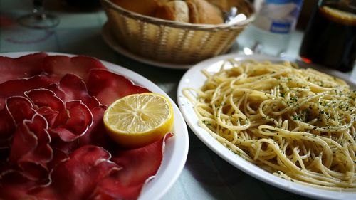 Close-up of pasta in plate on table