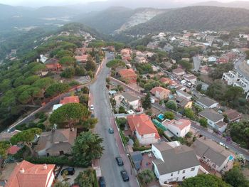 High angle view of buildings in town