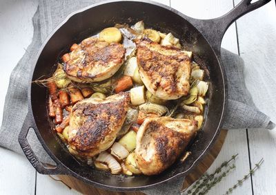 High angle view of meat in cooking pan